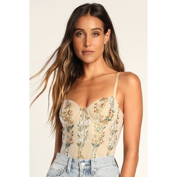 Lulus Tops - Lulus Essence Of Elegance Beige Embroidered Bustier Bodysuit - Size S